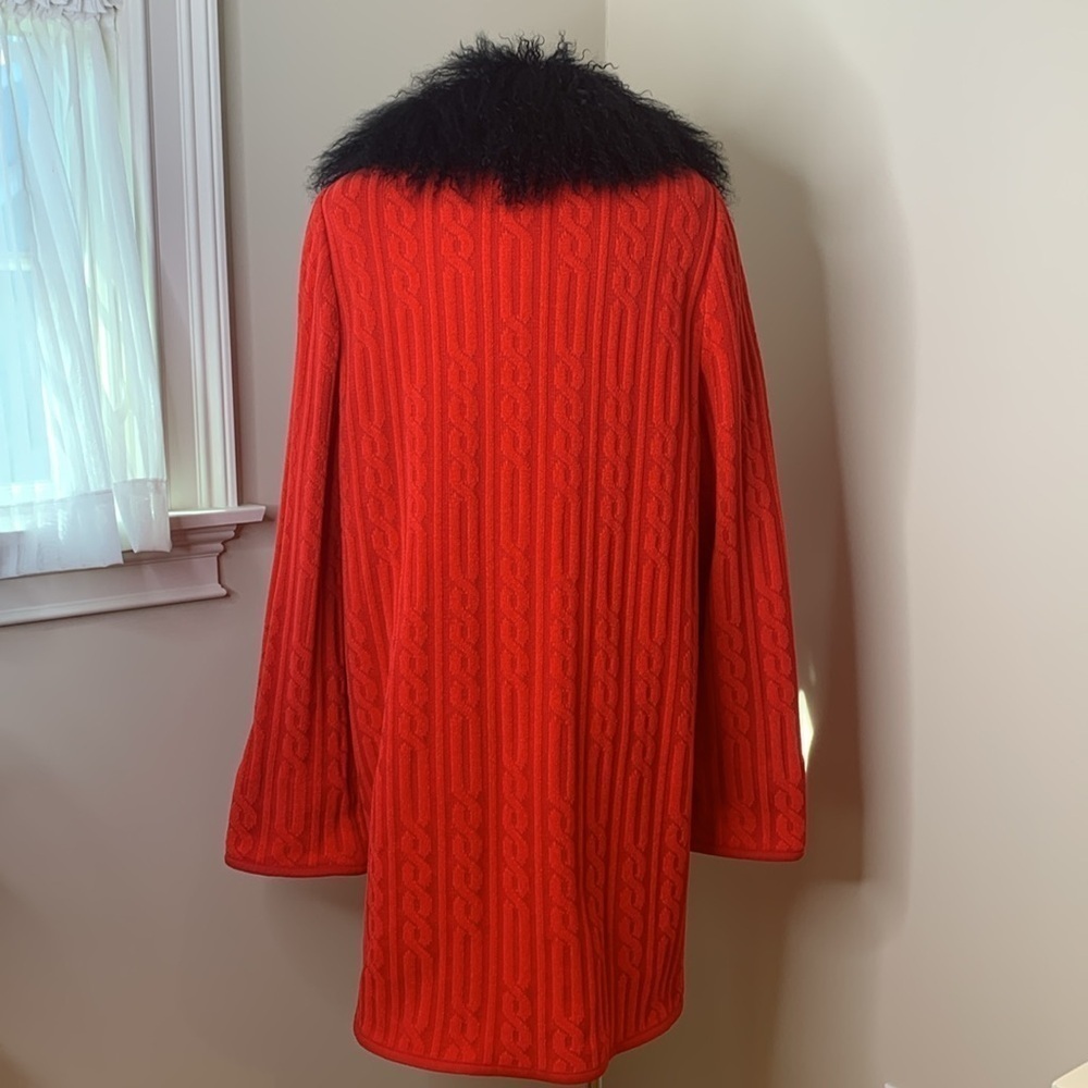 Lola Made in Italy Red Black Cable Knit Fur Collar Duster Cardigan Coat 8 44 - Picture 11 of 17